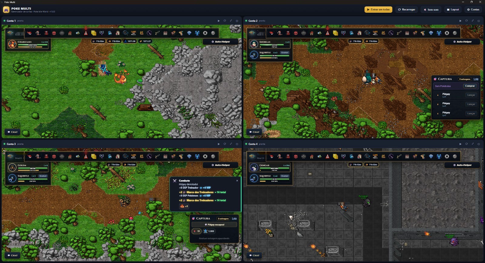 Poke Multi com quatro contas do Poke Idle World jogando ao mesmo tempo em uma janela